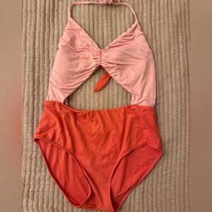 Raising Wild Two-Tone Cutout One-Piece Swimsuit in Pink and Coral